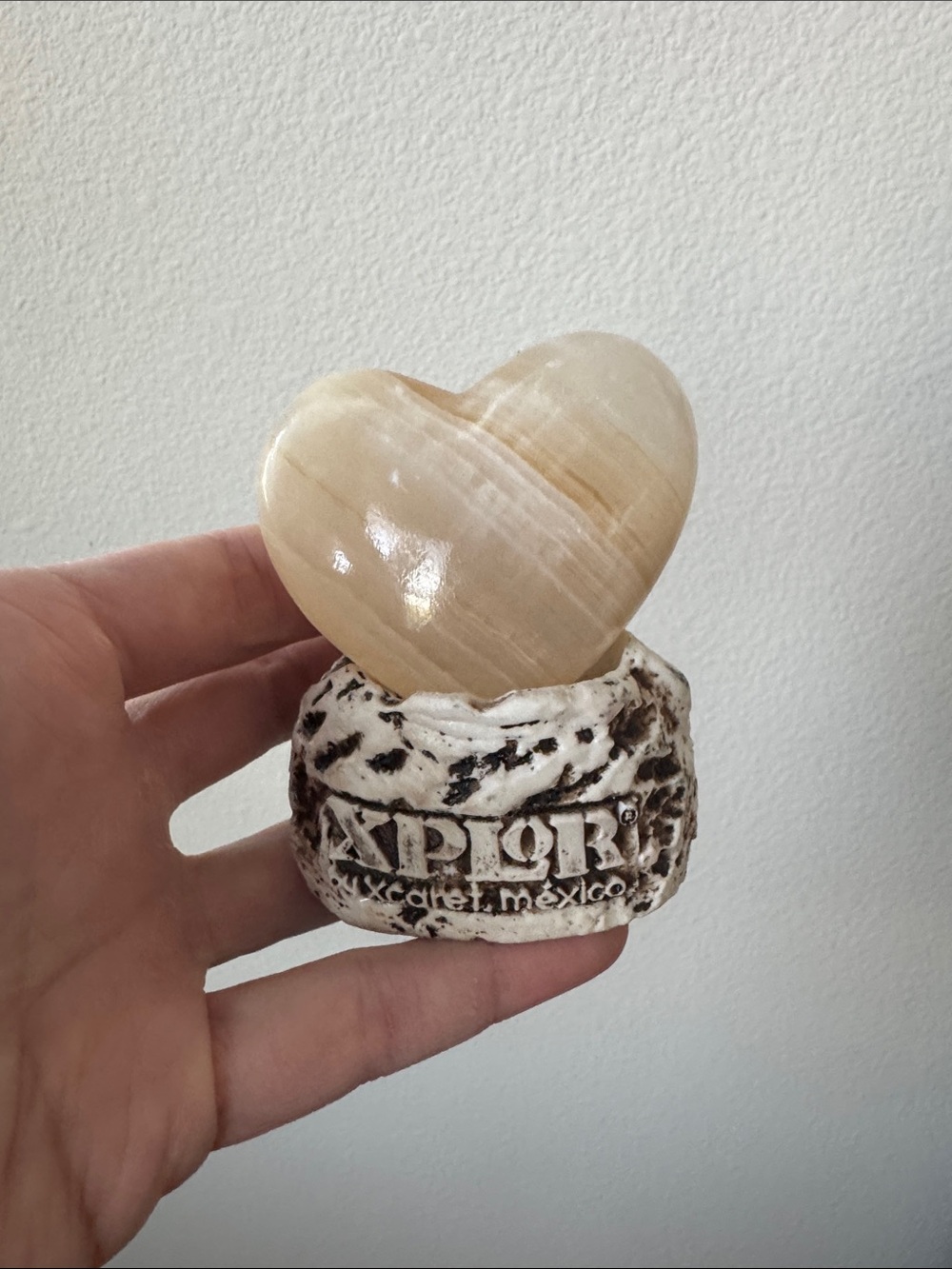 XCaret Mexico Carved Heart Stone on Decorative Base - Beige Cream
